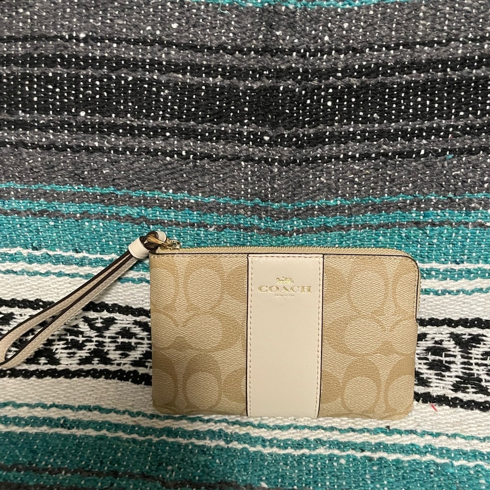 Coach Signature PVC Leather Corner Zip Wristlet Wallet beige